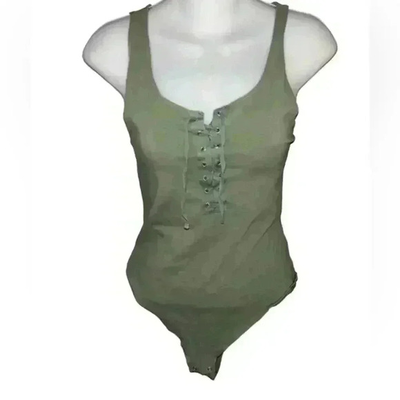 Garage Knit Army Green Lace Front Body Suit, Size Large - Picture 1 of 5